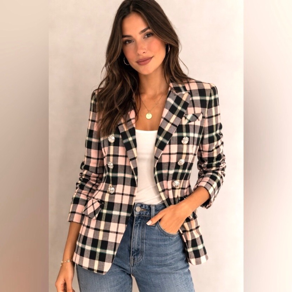$695 Veronica Beard Miller Plaid Checker Wool Linen Dickey Jacket Blazer Size 2